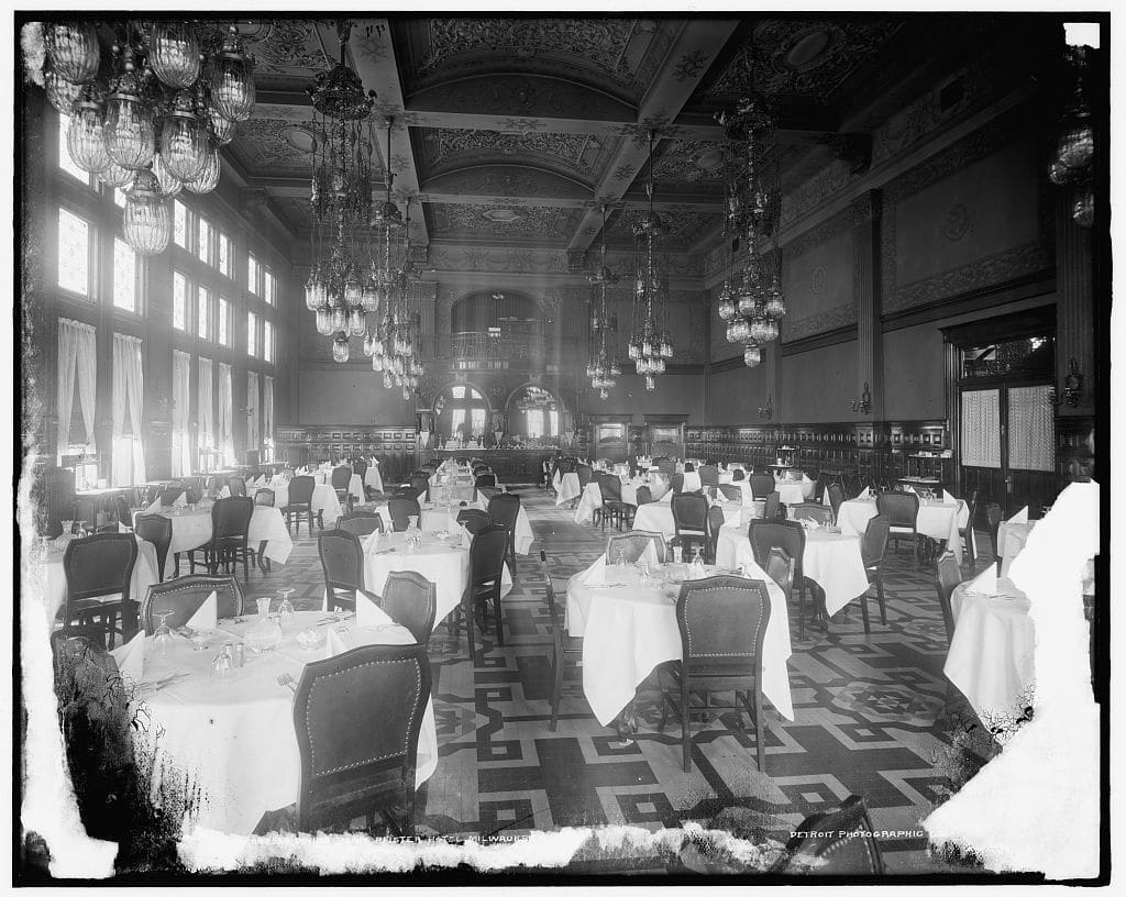 Elegant dining room at the Pfister Hotel